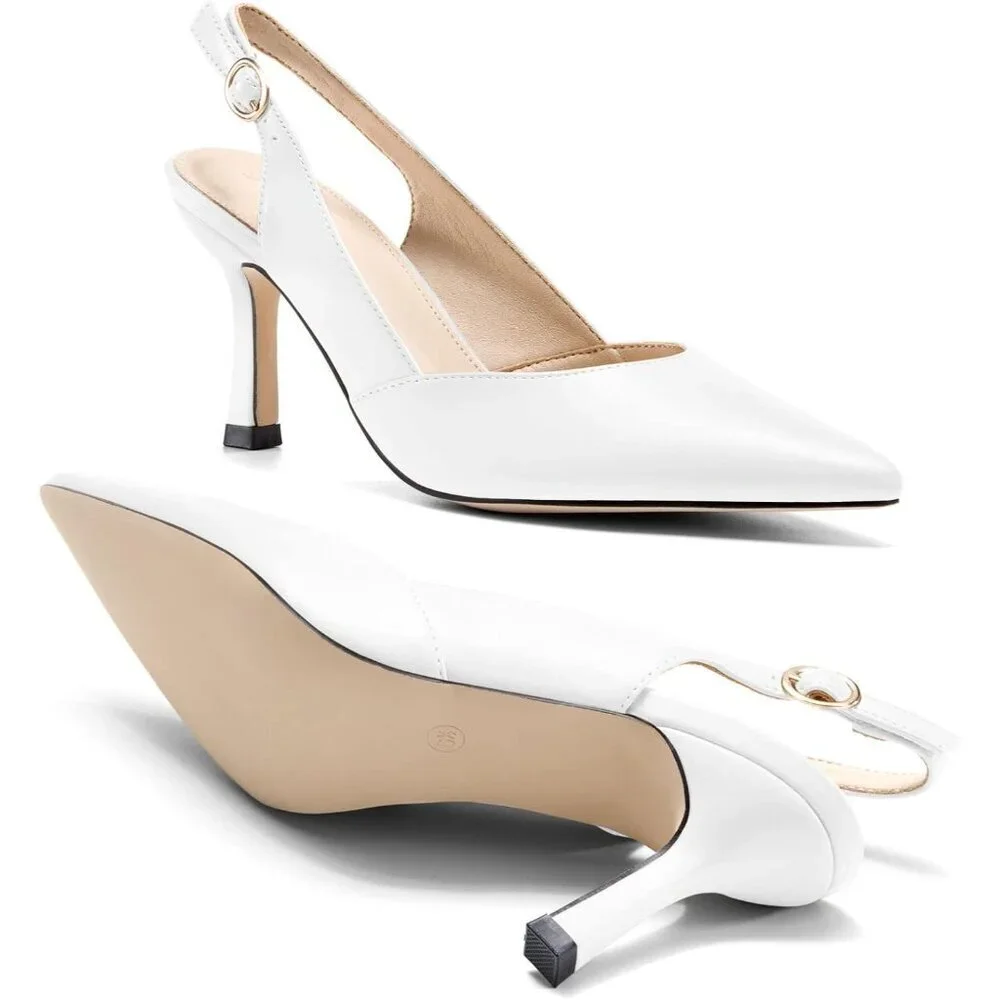 Women's White PU Kitten Heels Closed Pointed Toe Wedding Party Dress Pumps